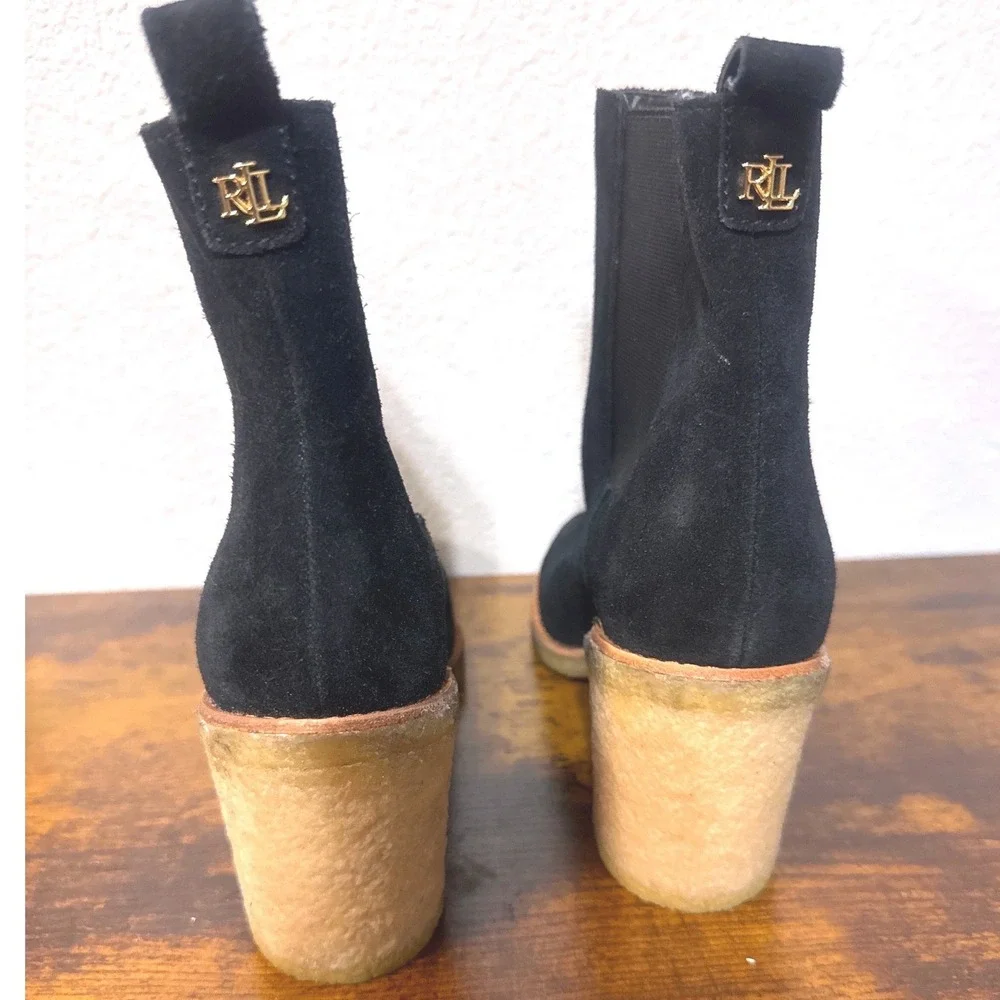 Lauren Ralph Lauren Marianna Leather Block Heel Suede Chelsea Boots Black Size 7
